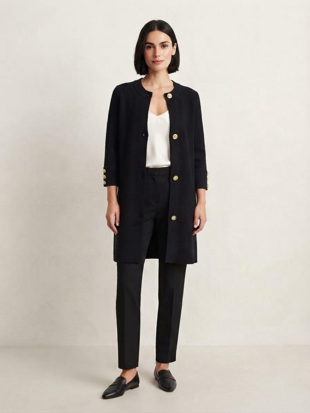 J.McLaughlin Black Knit Long Cardi-Coat Sweater Jacket w/ Gold Buttons Size M